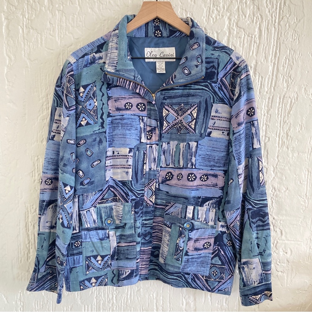 Oleg Cassini Blue Silk Abstract Quilted Print Jacket Size Medium